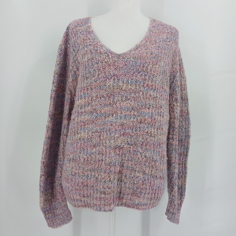 Womens Pink Purple Chunky Knit v neck Sweater Long Sleeve size L